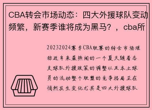 CBA转会市场动态：四大外援球队变动频繁，新赛季谁将成为黑马？，cba所有外援排名