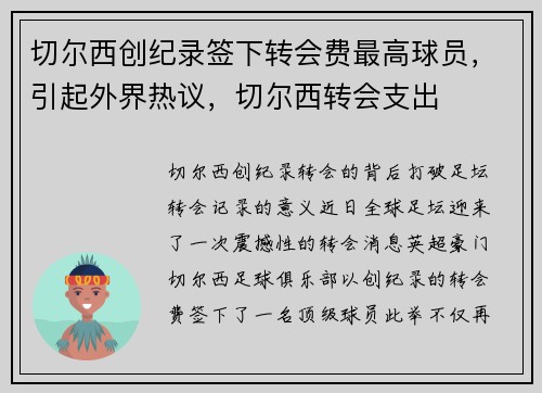 切尔西创纪录签下转会费最高球员，引起外界热议，切尔西转会支出