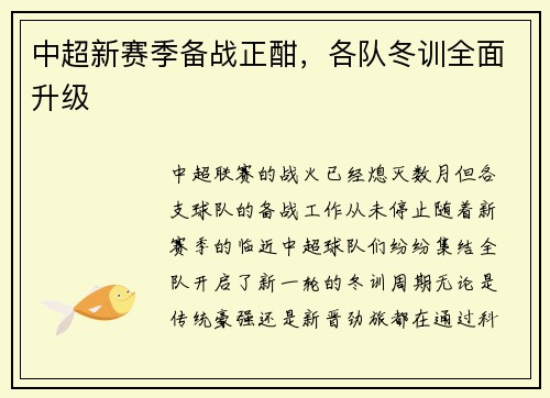 中超新赛季备战正酣，各队冬训全面升级