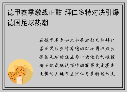 德甲赛季激战正酣 拜仁多特对决引爆德国足球热潮
