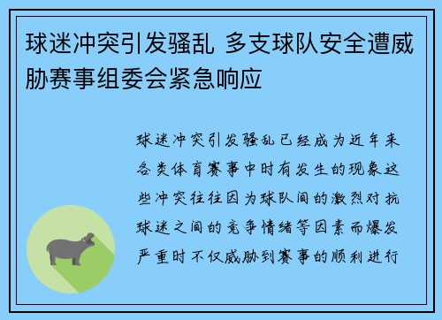 球迷冲突引发骚乱 多支球队安全遭威胁赛事组委会紧急响应